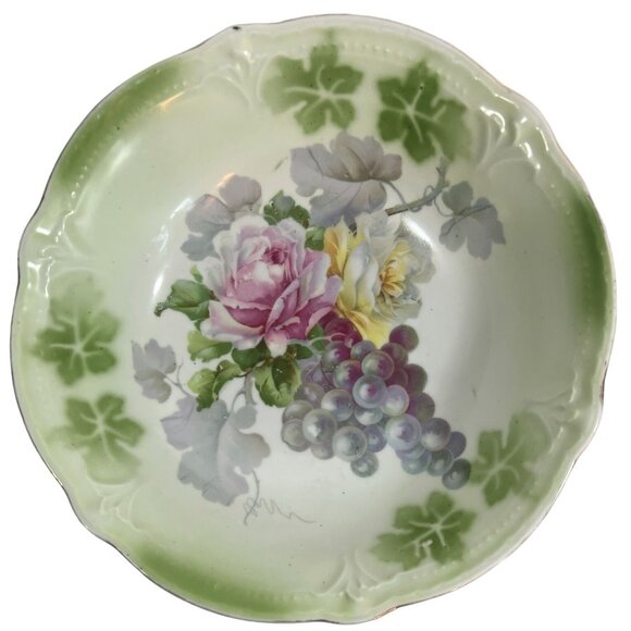 Antique Hand-Painted German 250 Porcelain Bowl Roses Floral Grape GrannyCore - Picture 1 of 6